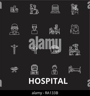 Hospital editable line icons vector set on black background. Hospital white outline illustrations, signs, symbols Stock Vector