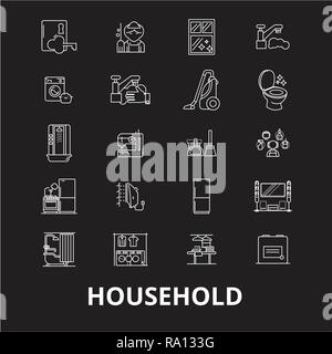 Household editable line icons vector set on black background. Household white outline illustrations, signs, symbols Stock Vector