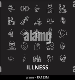 Illness editable line icons vector set on black background. Illness white outline illustrations, signs, symbols Stock Vector