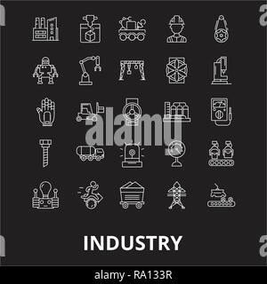 Industry editable line icons vector set on black background. Industry white outline illustrations, signs, symbols Stock Vector