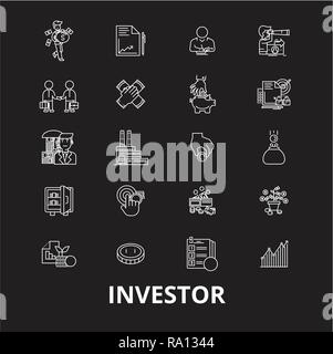 Investor editable line icons vector set on black background. Investor white outline illustrations, signs, symbols Stock Vector