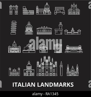 Italian landmakrs editable line icons vector set on black background. Italian landmakrs white outline illustrations, signs, symbols Stock Vector