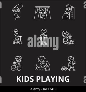 Kids playing editable line icons vector set on black background. Kids playing white outline illustrations, signs, symbols