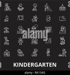 Kindergarten editable line icons vector set on black background. Kindergarten white outline illustrations, signs, symbols Stock Vector