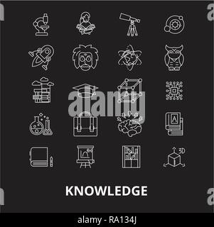 Knowledge editable line icons vector set on black background. Knowledge white outline illustrations, signs, symbols Stock Vector