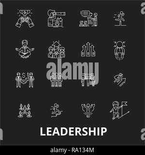 Leadership editable line icons vector set on black background. Leadership white outline illustrations, signs, symbols Stock Vector