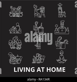 Living at home editable line icons vector set on black background. Living at home white outline illustrations, signs, symbols Stock Vector