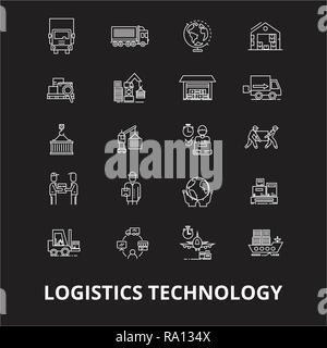 Logistics technology editable line icons vector set on black background. Logistics technology white outline illustrations, signs, symbols Stock Vector