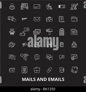 Mails emails  editable line icons vector set on black background. Mails emails  white outline illustrations, signs, symbols Stock Vector