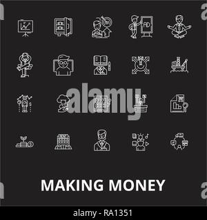 Making money editable line icons vector set on black background. Making money white outline illustrations, signs, symbols Stock Vector
