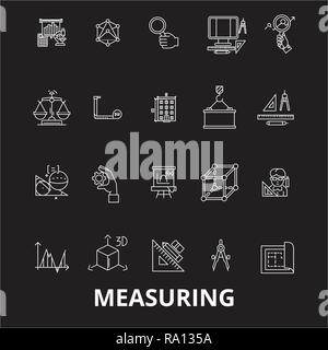 Measuring editable line icons vector set on black background. Measuring white outline illustrations, signs, symbols Stock Vector