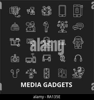 Media gadgets 2 editable line icons vector set on black background. Media gadgets 2 white outline illustrations, signs, symbols Stock Vector