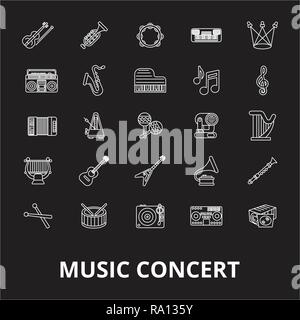 Music concert editable line icons vector set on black background. Music concert white outline illustrations, signs, symbols Stock Vector