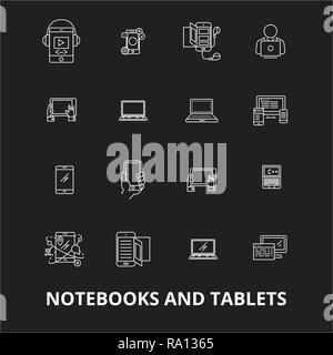 Notebooks and tablets editable line icons vector set on black background. Notebooks and tablets white outline illustrations, signs, symbols Stock Vector