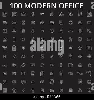 Office editable line icons vector set on black background. Office white outline illustrations, signs, symbols Stock Vector