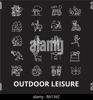 Outdoor leisure editable line icons vector set on black background. Outdoor leisure white outline illustrations, signs, symbols Stock Vector