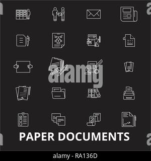 Paper documents editable line icons vector set on black background. Paper documents white outline illustrations, signs, symbols Stock Vector