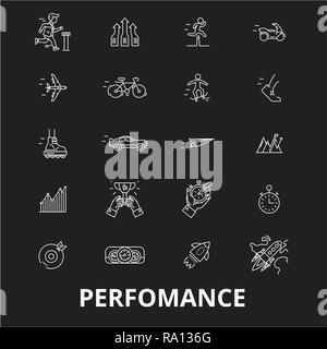 Perfomance editable line icons vector set on black background. Perfomance white outline illustrations, signs, symbols Stock Vector