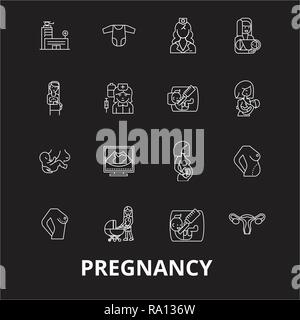 Pregnancy editable line icons vector set on black background. Pregnancy white outline illustrations, signs, symbols Stock Vector