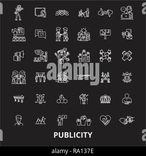 Publicity editable line icons vector set on black background. Publicity white outline illustrations, signs, symbols Stock Vector