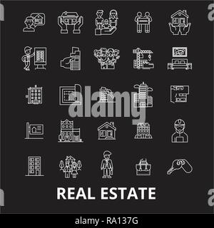 Real estate editable line icons vector set on black background. Real estate white outline illustrations, signs, symbols Stock Vector