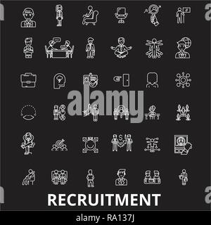 Recruitment editable line icons vector set on black background. Recruitment white outline illustrations, signs, symbols Stock Vector