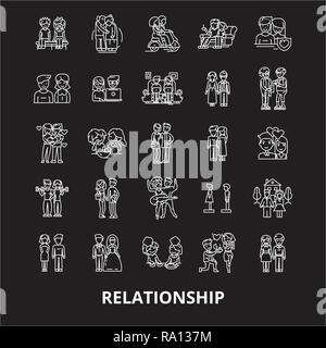 Relationship editable line icons vector set on black background. Relationship white outline illustrations, signs, symbols Stock Vector