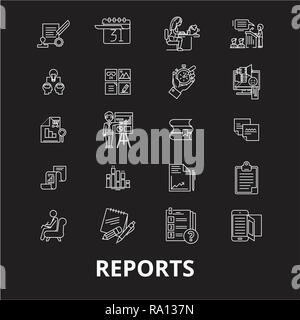 Reports editable line icons vector set on black background. Reports white outline illustrations, signs, symbols Stock Vector