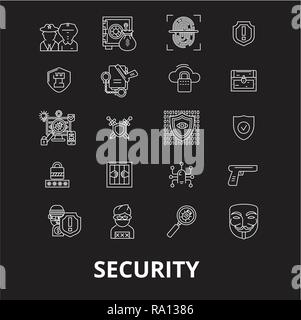 Security editable line icons vector set on black background. Security white outline illustrations, signs, symbols Stock Vector