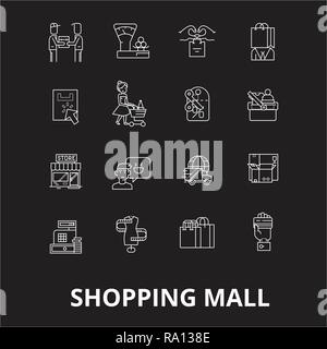 Shopping mall editable line icons vector set on black background. Shopping mall white outline illustrations, signs, symbols Stock Vector