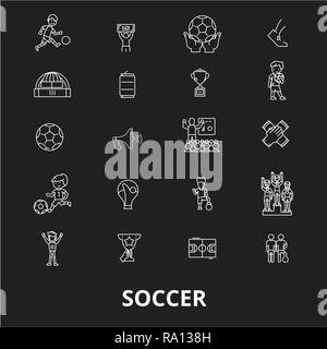 Soccer editable line icons vector set on black background. Soccer white outline illustrations, signs, symbols Stock Vector