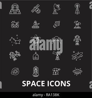 Space editable line icons vector set on black background. Space white outline illustrations, signs, symbols Stock Vector