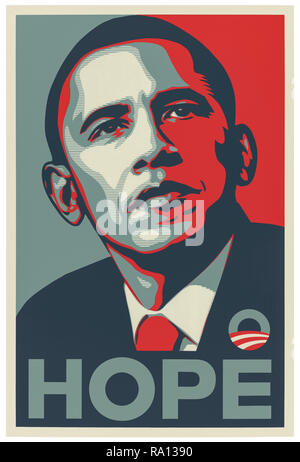 HOPE 2008 Barack Obama Presidential campaign poster designed by Shepard Fairey. The iconic poster uses the Gotham sans-serif typeface with a stencil portrait in red, beige and blue.