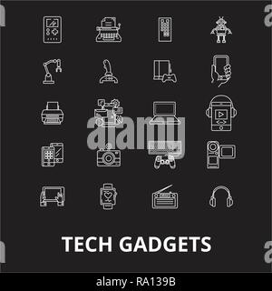 Tech gadgets editable line icons vector set on black background. Tech gadgets white outline illustrations, signs, symbols Stock Vector