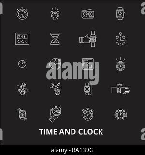 Time and clock editable line icons vector set on black background. Time and clock white outline illustrations, signs, symbols Stock Vector