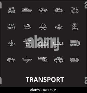 Transport editable line icons vector set on black background. Transport white outline illustrations, signs, symbols Stock Vector