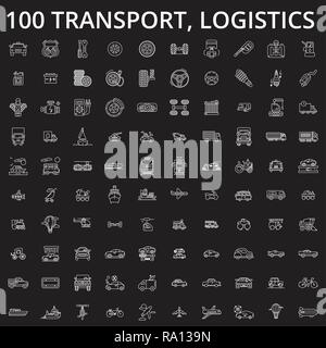 Transport, logistics editable line icons vector set on black background. Transport, logistics white outline illustrations, signs, symbols Stock Vector
