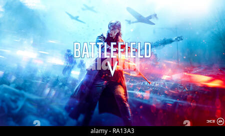 BATTLEFIELD V first-person shooter video game artwork released by EA DICE and published by Electronic Arts in 2018 controversially featuring a female soldier although the game is set during the Second World War. Stock Photo