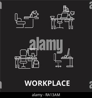 Workplace editable line icons vector set on black background. Workplace white outline illustrations, signs, symbols Stock Vector