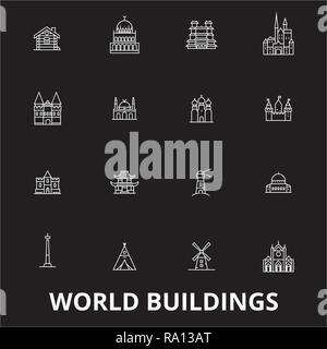 World buildings editable line icons vector set on black background. World buildings white outline illustrations, signs, symbols Stock Vector