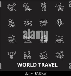 World travel editable line icons vector set on black background. World travel white outline illustrations, signs, symbols Stock Vector