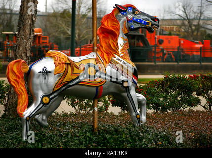 A carousel horse sits outside Union Station in Meridian