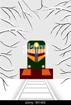 Cubism. The locomotive is carrying spring through the snowy forest. Stock Vector