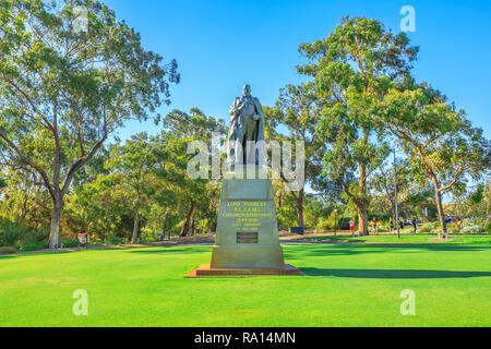 Perth, Australia - Jan 3, 2018: John Forrest statue, the first Premier of Western Australia at Kings Park, the most popular visitor destination in WA on Mount Eliza in Perth. Sunny day with blue sky. Stock Photo