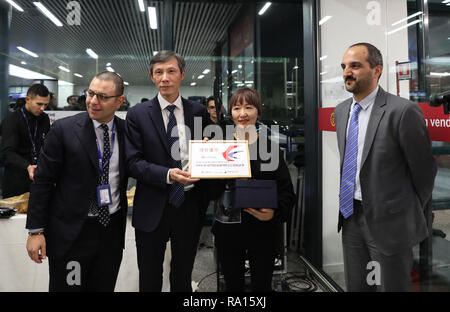 Rome, Italy. 28th Dec, 2018. Chinese passenger Jia Guilin (2nd R) is welcomed as the 15 millionth passenger of the Rome Fiumicino Airport in 2018, in Rome, capital of Italy, on Dec. 28, 2018. Credit: Cheng Tingting/Xinhua/Alamy Live News Stock Photo