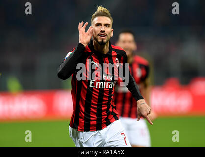 Milan, Italy. 29th Dec, 2018. AC Milan's Samuel Castillejo celebrates his goal during the Serie A soccer match between AC Milan and Spal in Milan, Italy, Dec. 29, 2018. AC Milan won 2-1. Credit: Alberto Lingria/Xinhua/Alamy Live News Stock Photo