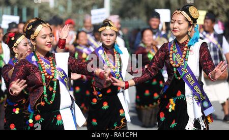 Kathmandu, Nepal. 30th Dec, 2018. Women from ethnic Gurung community dance as they celebrate the Tamu Losar (New Year) festival in Kathmandu, Nepal, Dec. 30, 2018. Credit: Sunil Sharma/Xinhua/Alamy Live News Stock Photo