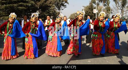 Kathmandu, Nepal. 30th Dec, 2018. Women from ethnic Gurung community dance as they celebrate the Tamu Losar (New Year) festival in Kathmandu, Nepal, Dec. 30, 2018. Credit: Sunil Sharma/Xinhua/Alamy Live News Stock Photo