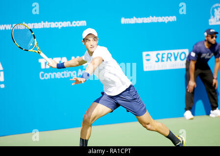 Pune, India. 30th December 2018. Antoine Hoang of France in action in the final round of qualifying singles competition at Tata Open Maharashtra ATP Tennis tournament in Pune, India. Credit: Karunesh Johri/Alamy Live News Stock Photo