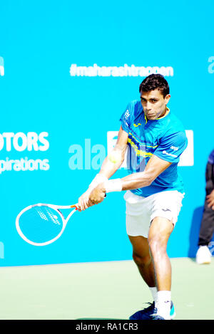 Pune, India. 30th December 2018. Thiago Monteiro of Brazil in action in the final round of qualifying singles competition at Tata Open Maharashtra ATP Tennis tournament in Pune, India. Credit: Karunesh Johri/Alamy Live News Stock Photo